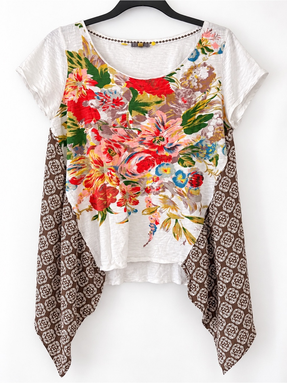 Anthropologie Little Yellow Button Elysia Mixed Media Top L Floral Boho - Picture 2 of 8